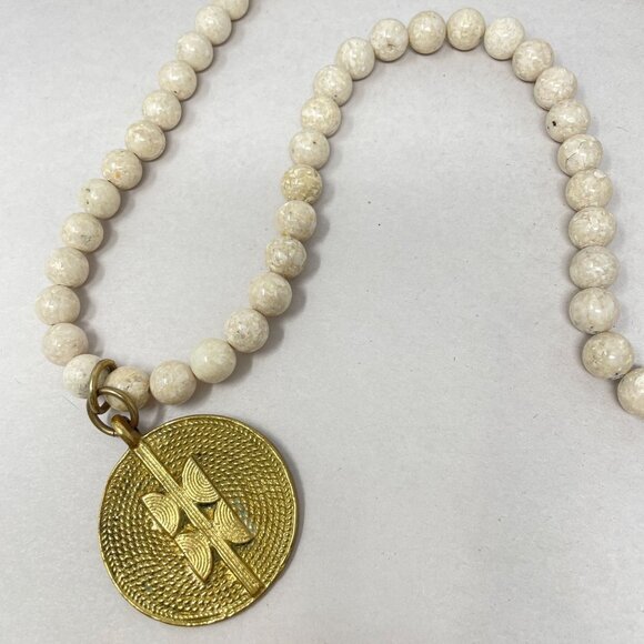 White Jasper Stone Bead Pendant Necklace Gold-Tone Geometric Medallion - Picture 9 of 14